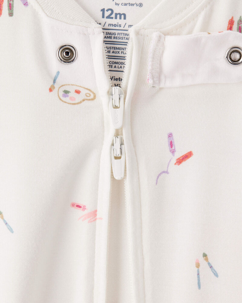 Baby Girl Painting & Coloring Print PurelySoft Long-Sleeve 2-Way Zip 1-Piece Pajamas - Ivory, image 2 of 6 slides