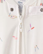Baby Girl Painting & Coloring Print PurelySoft Long-Sleeve 2-Way Zip 1-Piece Pajamas - Ivory, image 2 of 6 slides