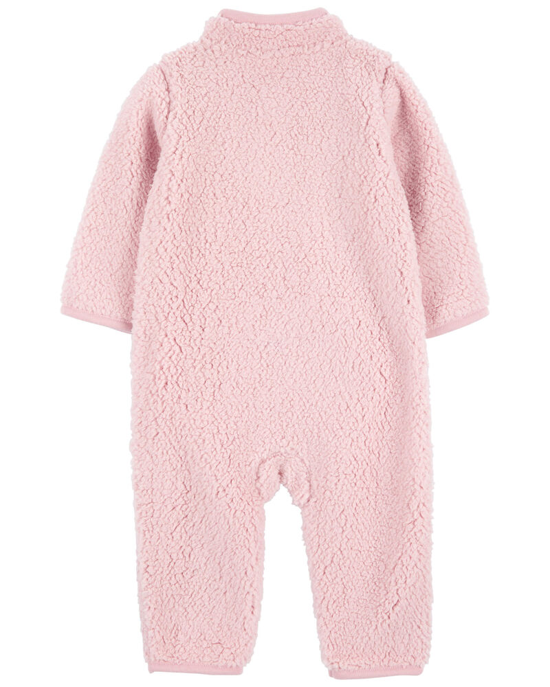 Baby Girl Teddy Fleece Long-Sleeve Jumpsuit - Pink, image 2 of 4 slides