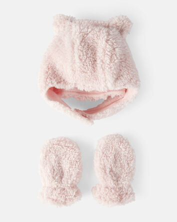 Baby Girl Sherpa Winter Hat & Mittens Set - Pink, 