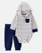 Baby Boy 2-Piece Striped Hooded Long-Sleeve Bodysuit Pant Set - White/Navy, image 1 of 5 slides