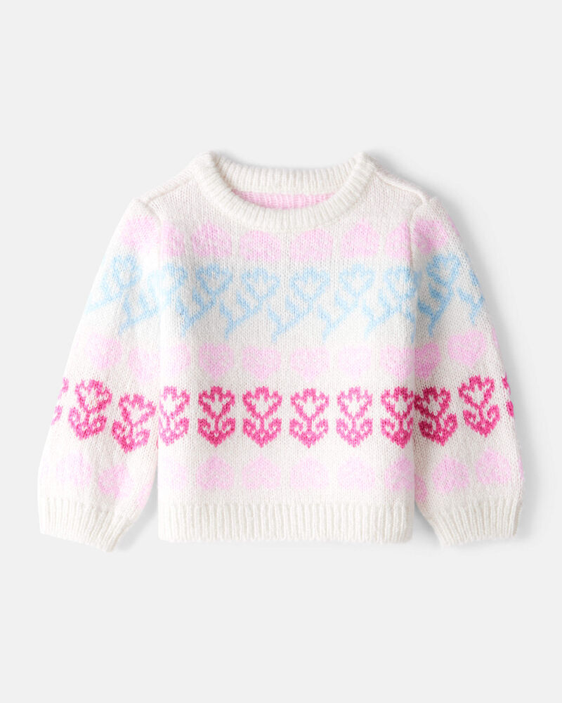 Baby Girl Floral Fairisle Sweater- Pink/White, image 1 of 3 slides