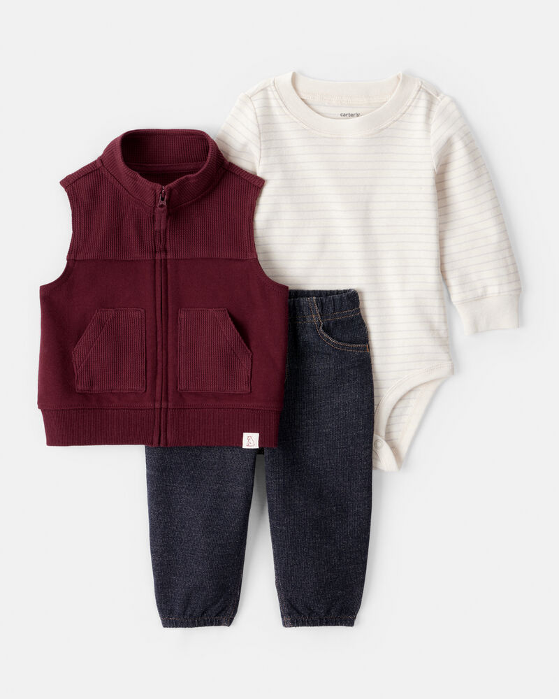 Baby Boy 3-Piece Long-Sleeve Bodysuit, Vest & Denim Pant Set, image 1 of 7 slides