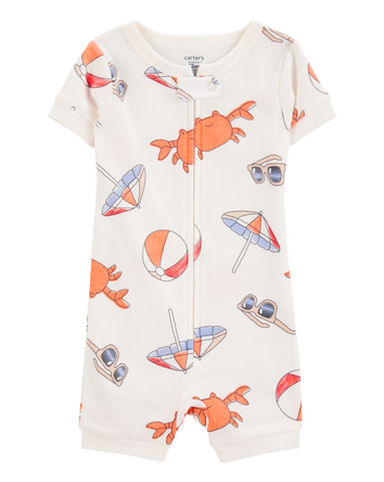 Toddler Boy 1-Piece Crab Beach Print 100% Snug Fit Cotton Romper Pajamas - White, 