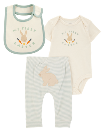 Baby 3-Piece My First Easter Teething Bib & Bodysuit Pant Set, 