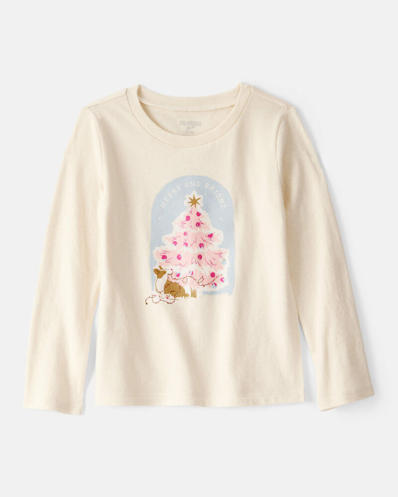 Toddler Girl Christmas Merry & Bright Corgi Long-Sleeve Graphic Tee - Cream, image 1 of 3 slides