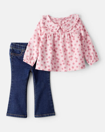 Baby Girl 2-Piece Floral Top and Denim Pants Set , 