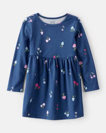 Toddler Girl Mushroom Print Long-Sleeve Cotton Dress - Blue, 
