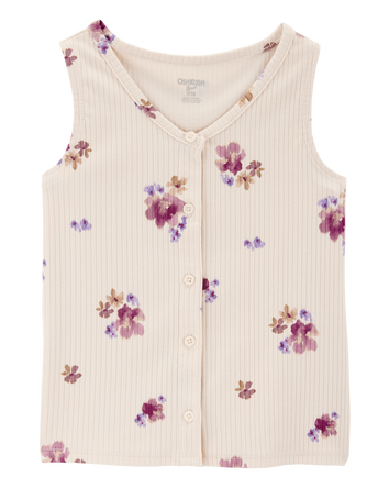 Kid Floral Print Button-Down Ribbed Tank - Ivory, 