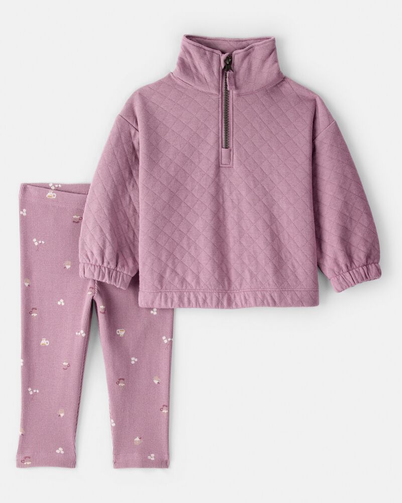 Baby Girl Quilted Quarter-Zip & Floral Legging Set - Purple, image 1 of 4 slides