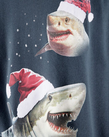 Boys Christmas Santa Shark Long-Sleeve Fleece Hoodie - Navy, 