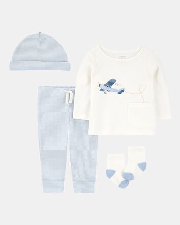 Baby 4-Piece Airplane Print Outfit Set - Blue, 