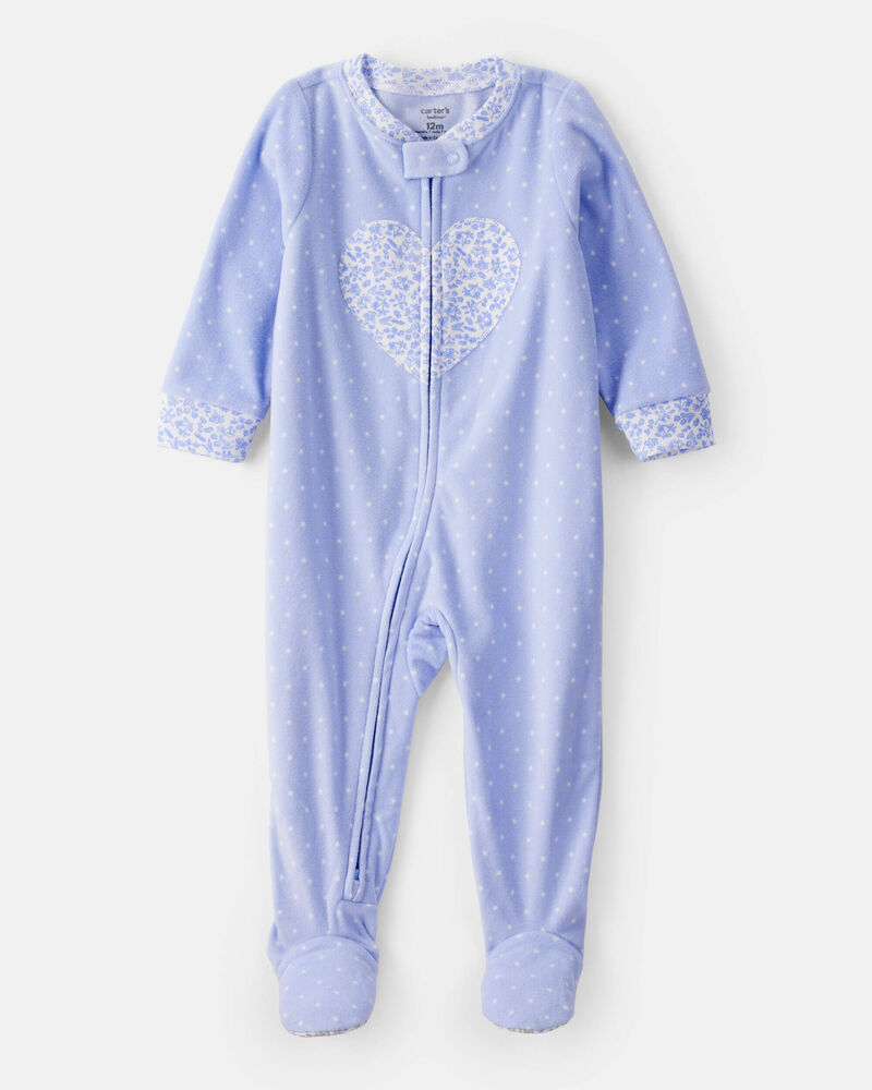 Baby Girl Heart Print Loose Fit Long-Sleeve 2-Way Zip 1-Piece Pajamas - Blue, image 1 of 5 slides