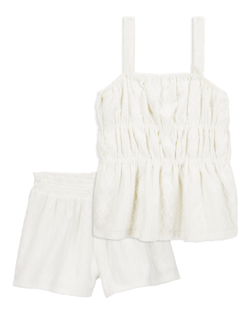 Kid 2-Piece Ruched Textured Tank & Pull-On Smocked Shorts Set -  Cream, 