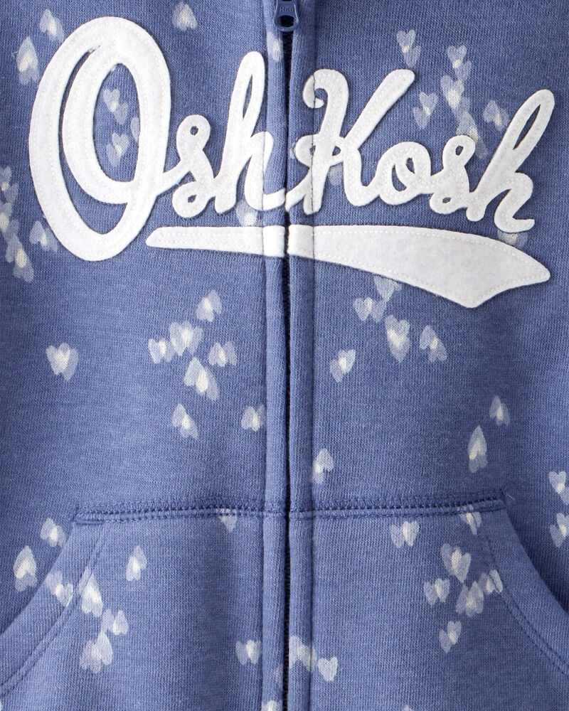 Toddler Heart Print OshKosh Fleece Logo Zip Jacket - Blue, image 2 of 3 slides