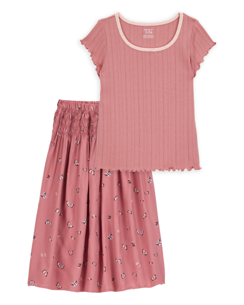 Kid 2-Piece Pointelle Tee & Butterfly Maxi Skirt Set - Pink, image 1 of 5 slides