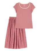 Kid 2-Piece Pointelle Tee & Butterfly Maxi Skirt Set - Pink, image 1 of 5 slides