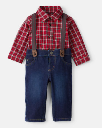 Baby Boy 3-Piece Plaid Print Long-Sleeve Shirt & Suspender Pant Set - Red/Denim, 