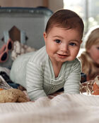 Baby Boy Striped 2-Way Zip Ribbed Sleep & Play Pajamas - Green/White, image 3 of 4 slides