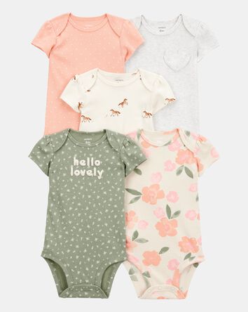 Baby Girl 5-Pack Floral Horses Short-Sleeve Cotton Bodysuits - Pink/Green, 