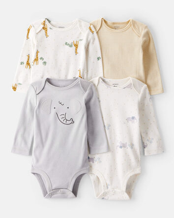 Baby 4-Pack Safari Print Cotton Long-Sleeve Multipack Bodysuits - Ivory/Yellow, 