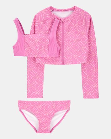 Kid 3-Piece Geometric Rashguard Swimsuit Set - Pink, 