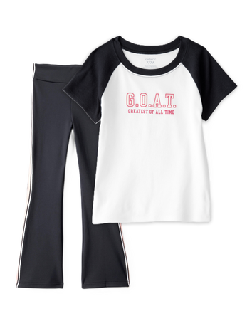 Girls 2-Piece G.O.A.T Graphic Tee & Knit Active Flared Pants Set - Black/Ivory, 