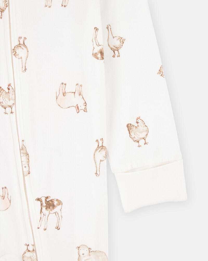 Baby Farm Animals Print 2-Way Zip PurelySoft Sleep & Play Pajamas - Ivory, image 2 of 6 slides