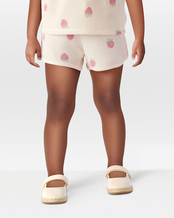 Toddler Strawberry Print Waffle Knit Shorts - Ivory, 