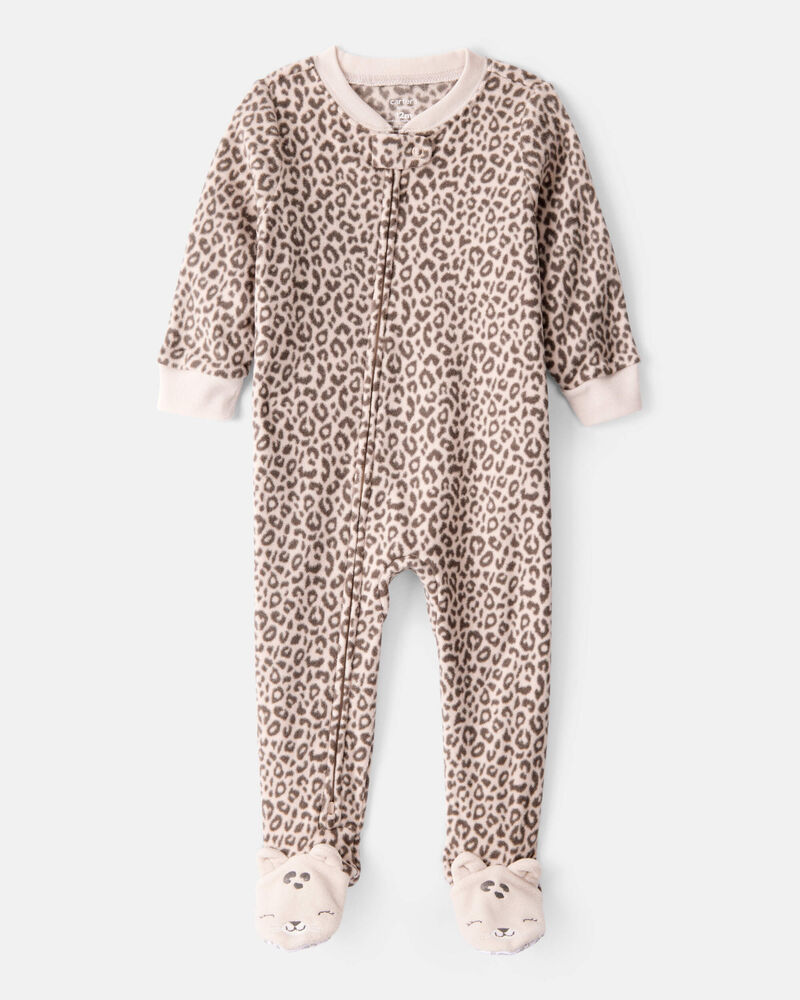 Toddler Girl Leopard Fleece Long-Sleeve Loose Fit 1-Piece Pajamas - Brown, image 1 of 4 slides