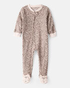 Toddler Girl Leopard Fleece Long-Sleeve Loose Fit 1-Piece Pajamas - Brown, image 1 of 4 slides
