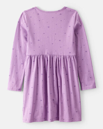Girls Heart Print Long Sleeve Cotton Dress - Purple, 