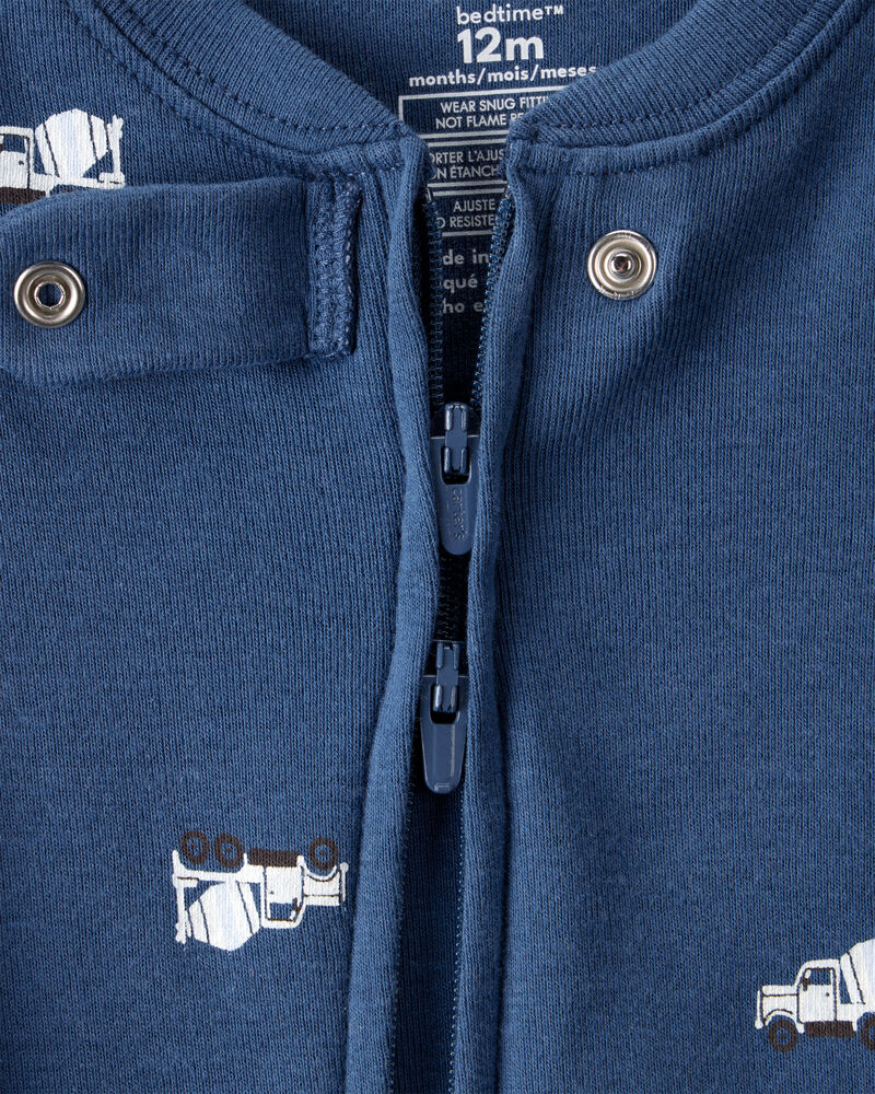 Baby Boy Construction Print 100% Cotton Long-Sleeve 2-Way Zip 1-Piece Pajamas - Blue, image 3 of 5 slides
