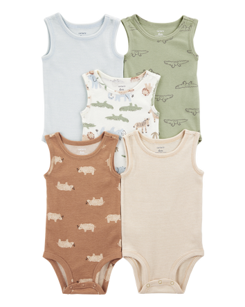 Baby Boy 5-Pack Animals Sleeveless Bodysuits, 