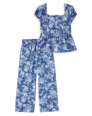 Kid 2-Piece Floral Peplum Top & Drawstring Pants Set - Blue, 