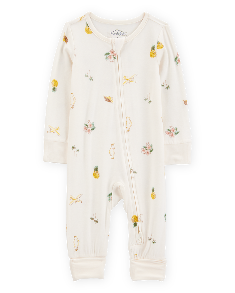 Baby Girl Tropical Print 2-Way Zip PurelySoft Convertible Foot Sleep & Play Pajamas - Ivory, image 1 of 7 slides