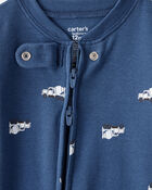 Baby Boy Construction Print 100% Cotton Long-Sleeve 2-Way Zip 1-Piece Pajamas - Blue, image 2 of 5 slides