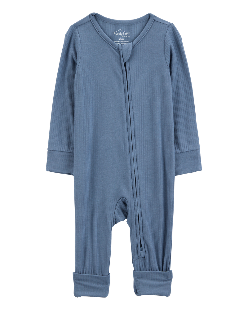 Baby Boy Solid 2-Way Zip PurelySoft Convertible Foot Sleep & Play Pajamas - Navy, image 1 of 7 slides