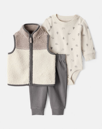 Baby Boy 3-Piece Vest, Bodysuit & Pant Set - Ivory/Grey, 