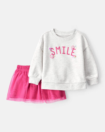 Baby Girl Smile Long-Sleeve Top & Tulle Skort Set - Grey/Pink, 
