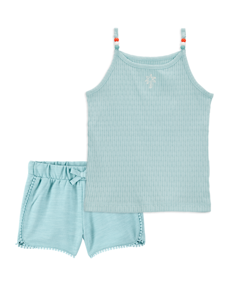 Toddler 2-Piece Floral Ribbed Tank Top & Pom Pom Dolphin Shorts Set - Turquoise, image 1 of 8 slides
