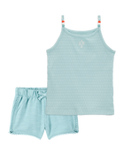 Toddler 2-Piece Floral Ribbed Tank Top & Pom Pom Dolphin Shorts Set - Turquoise, image 1 of 8 slides