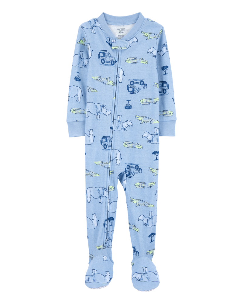 Baby Boy Safari Print Snug Fit Cotton Footie 1-Piece Pajamas - Blue, image 1 of 4 slides