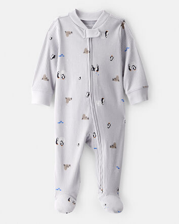 Baby Penguin Print Cotton Long-Sleeve Sleep & Play Pajamas - Grey, 