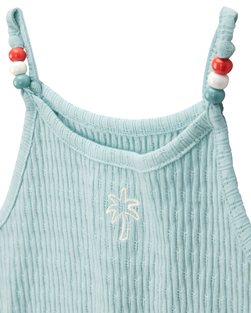Toddler 2-Piece Floral Ribbed Tank Top & Pom Pom Dolphin Shorts Set - Turquoise, image 3 of 8 slides
