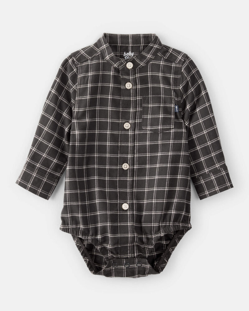 Baby Boy Plaid Woven Long-Sleeve Button-Down Bodysuit - Black, image 1 of 3 slides