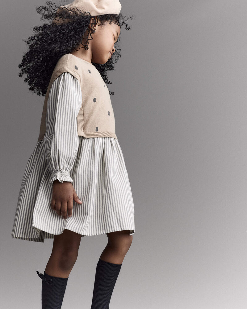 Toddler Girl Polka Dot Layered Sweater Long-Sleeve Dress - Brown/Cream, image 3 of 6 slides