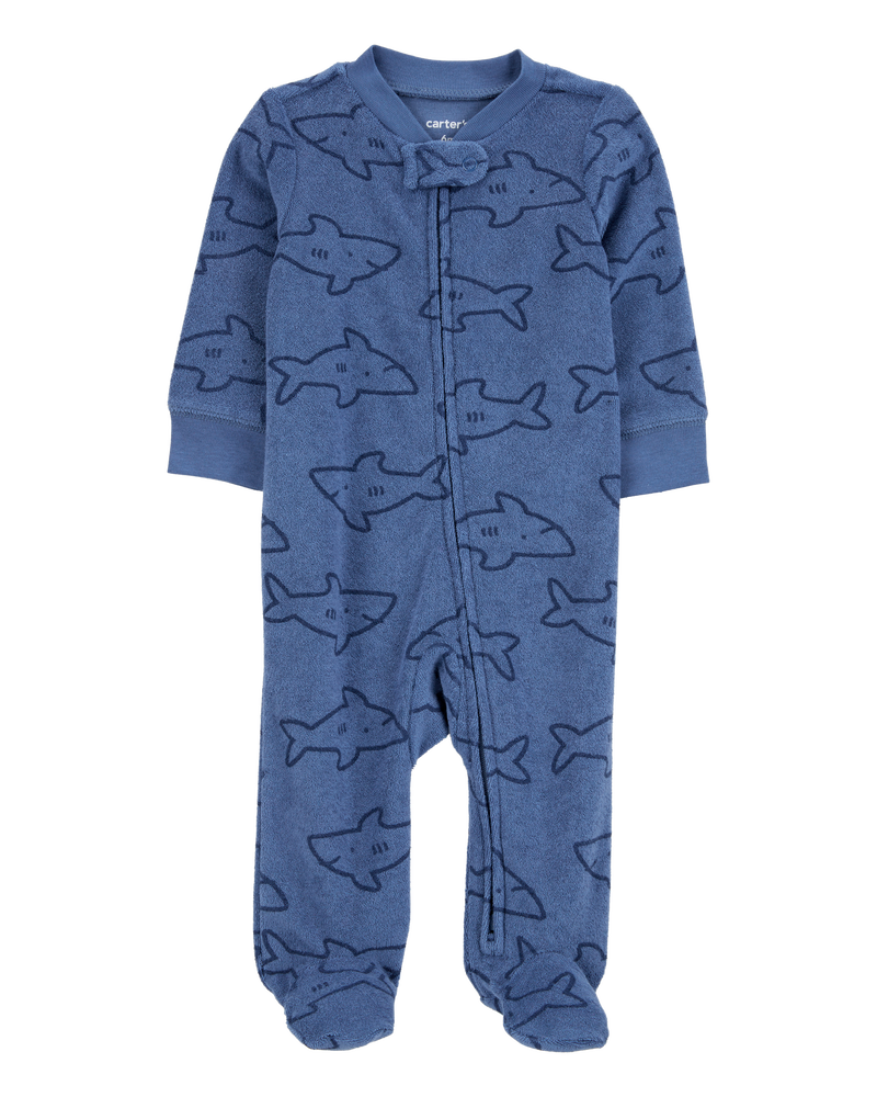 Baby Shark Print 2-Way Zip Terry Sleep & Play Pajamas - Navy, image 1 of 3 slides
