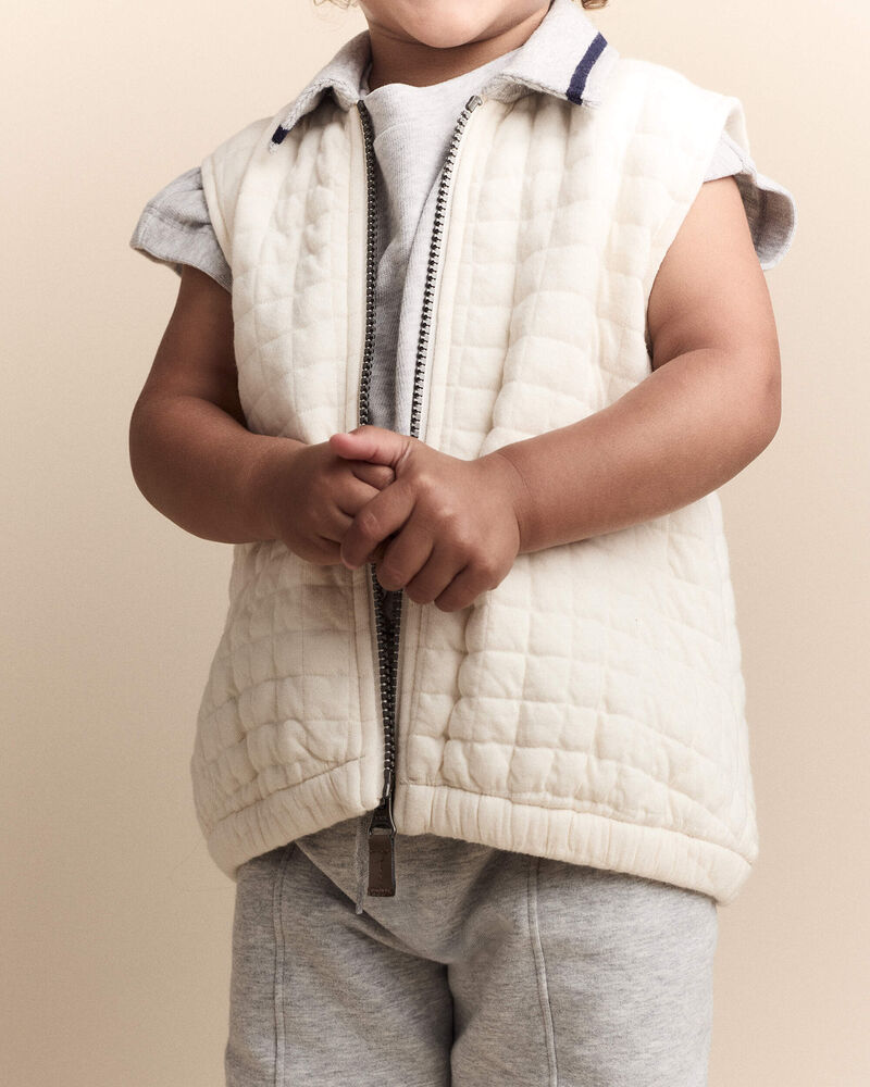 Toddler Quilted Zip-Up Collard Vest - Cream, image 6 of 7 slides