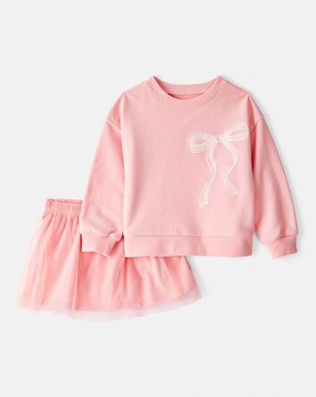 Toddler Girl Bow Long-Sleeve Top & Tulle Skort Set - Pink, 